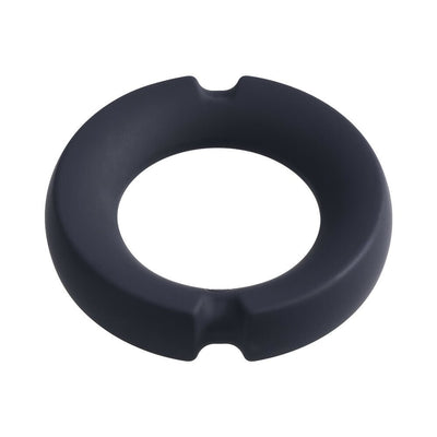 Black silicone-covered metal cock ring with a smooth, rounded design and two small indentations.