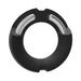 Black silicone covered metal cock ring with open split design and smooth beveled edges.