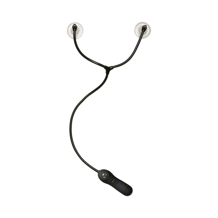 Merci Swell black vibrating nipple sucker cups with clear suction cups and wired remote control on white background