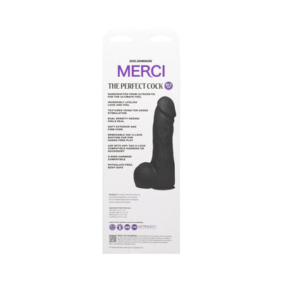 Packaging of Merci The Perfect Cock 10.5 inch black with product features and image on white background.