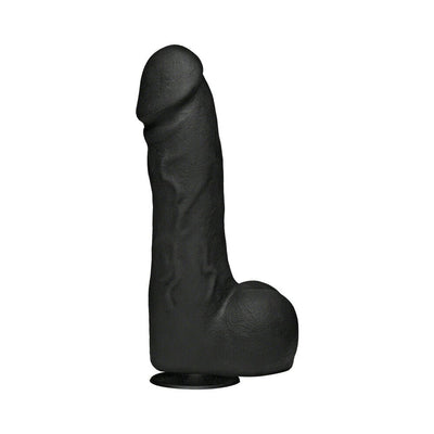 Black lifelike 10.5-inch dildo with textured veins and removable suction cup base for hands-free use.