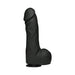 Black lifelike 10.5-inch dildo with textured veins and removable suction cup base for hands-free use.