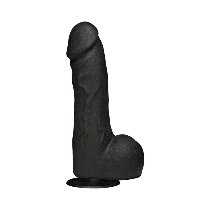 Black lifelike 7.5-inch dildo with textured veins and removable suction cup base for hands-free use.