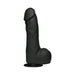 Black lifelike 7.5-inch dildo with textured veins and removable suction cup base for hands-free use.