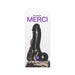 Packaging of Merci The Perfect Cock 7.5-inch black dildo with Vac-u-lock suction cup, held by a hand with black gloves.