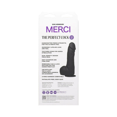 Packaging of Merci The Perfect Cock 7.5 inch in black with product features and specifications listed.