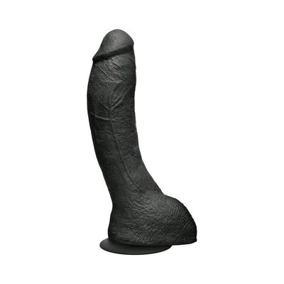 Black lifelike prostate stimulator with textured veins and removable suction cup base for hands-free use.