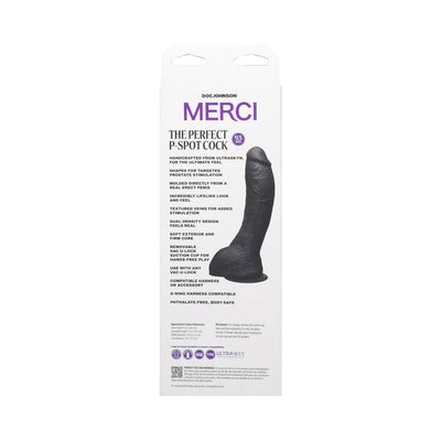 Packaging of Merci The Perfect P-Spot Cock in black with product features and specifications displayed.