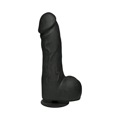Black lifelike dildo with textured veins and suction cup base for hands-free use.