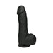 Black lifelike dildo with textured veins and suction cup base for hands-free use.