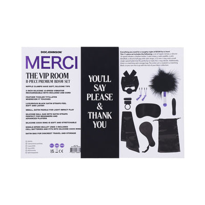 Merci The Vip Room 11-piece premium BDSM set with black satin accessories, silicone toys, and storage bag displayed in packaging.