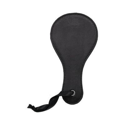 Black satin paddle with stitched edges and a twisted satin ribbon handle loop.