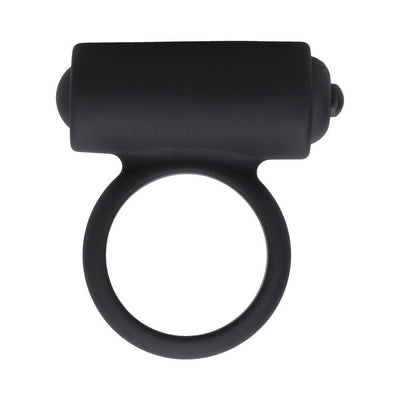 Black silicone vibrating cock ring with a small bullet vibrator attachment.