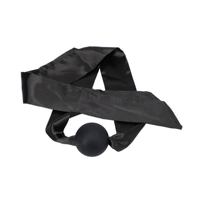 Black silicone ball gag with soft satin straps from Merci The Vip Room BDSM set.