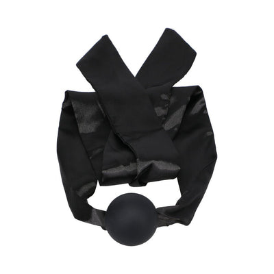 Black silicone ball gag with soft satin straps from Merci The Vip Room BDSM set.