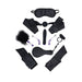 Black satin blindfold, ball gag, wrist restraints, paddle, feather tickler, nipple clamps, vibrator, and cock ring set arranged on white background.