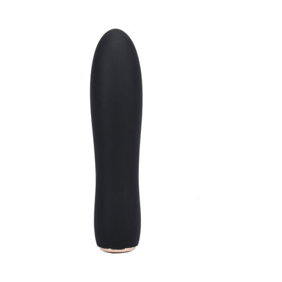 Black silicone 10-speed vibrator with smooth, curved design and rose gold base detail.