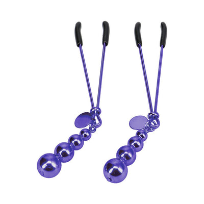 Pair of purple metal nipple clamps with black silicone tips and adjustable tension rods.