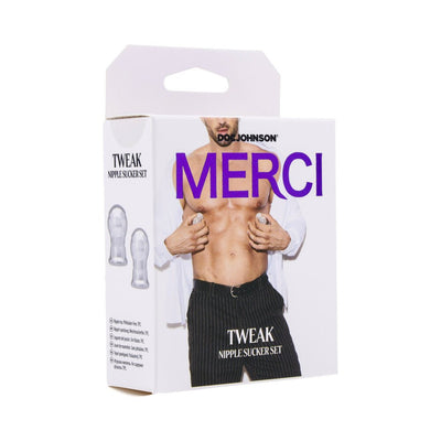 Merci Tweak Nipple Sucker Set packaging showing a shirtless man wearing pinstripe pants, with clear nipple suckers displayed on the side.
