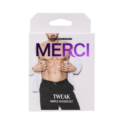 Packaging of Merci Tweak Clear Nipple Sucker Set featuring a shirtless man wearing pinstripe pants and holding the product to his chest.