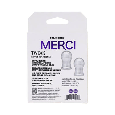 Packaging of Merci Tweak clear nipple sucker set with product features and dimensions displayed.
