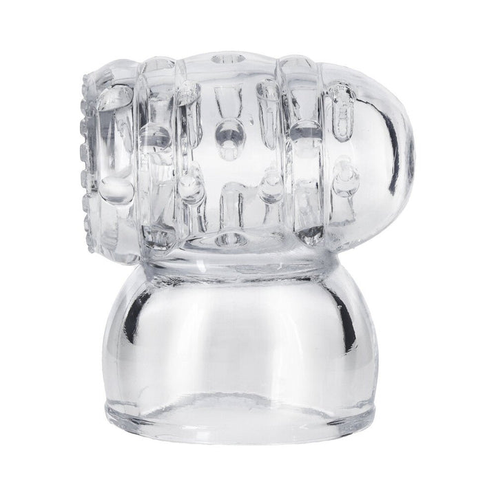 Clear textured cock teaser attachment for Merci Power Wand with suction end and stretchy fit