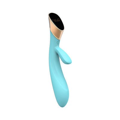 Metis Touch Panel Rabbit Vibrator in soft blue silicone with gold and black touch control panel, ergonomic dual stimulation design.