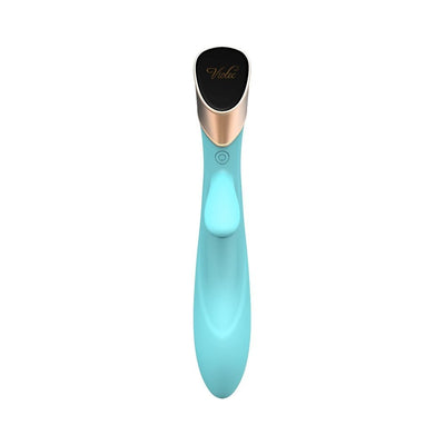 Sleek blue Metis Touch Panel Rabbit Vibrator with gold-accented control panel and ergonomic dual stimulation design.