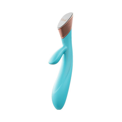Metis Touch Panel Rabbit Vibrator in turquoise with rose gold accent and ergonomic dual stimulation design.