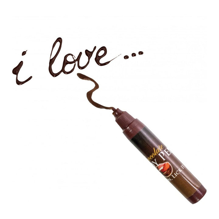 Milk chocolate body pen writing "i love" in smooth chocolate on a white background.