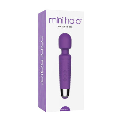 Purple Mini Halo Wireless Wand 20x with textured grip and silver base, shown in its white and purple packaging.