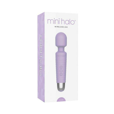 Mini Halo Wireless Wand 20x in lilac with textured handle and cushioned massage head shown in packaging box.