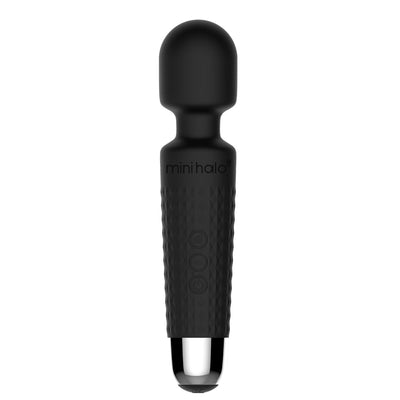 Compact black Mini Halo wireless wand massager with textured grip and rounded silicone head.