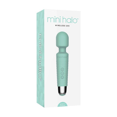 Mint green Mini Halo Wireless Wand 20x with textured handle and rounded head in branded packaging.