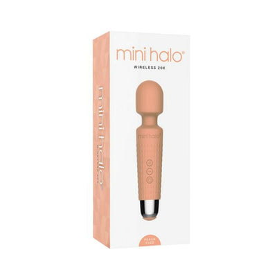 Mini Halo Wireless Wand 20x in peach color with textured silicone handle and rounded massage head in packaging box.