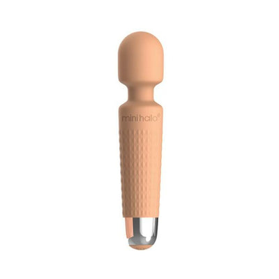 Compact Mini Halo wireless wand vibrator in soft peach silicone with textured grip and silver base.