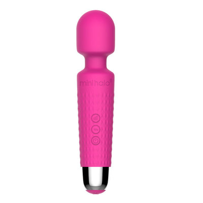 Compact bright pink Mini Halo wireless wand with textured silicone grip and three control buttons, sleek silver base.