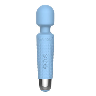 Compact blue Mini Halo wireless wand with textured grip, three control buttons, and rounded massage head.