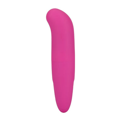Compact pink silicone G-spot vibrator with curved tip for targeted stimulation, designed for discreet use.