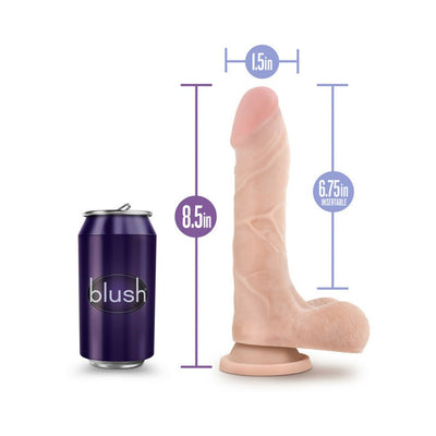 Blush Au Naturel Mister Perfect dildo with size measurements next to a purple Blush can for scale.