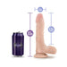 Blush Au Naturel Mister Perfect dildo with size measurements next to a purple Blush can for scale.