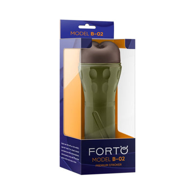 Model B-02 stroker in olive green with a realistic textured sleeve, packaged in a clear display box with blue and orange accents.