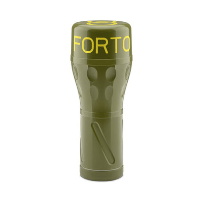 Olive green Model B-02 Stroker with ergonomic grip and yellow lettering on the cap, standing upright on a white background.