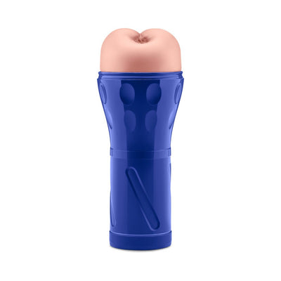 Blue ergonomic stroker with a soft, flesh-toned textured sleeve and adjustable suction design.