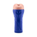 Blue ergonomic stroker with a soft, flesh-toned textured sleeve and adjustable suction design.