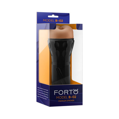 Model B-02 stroker in black casing with realistic skin-tone sleeve, packaged in clear display box with blue and orange accents.