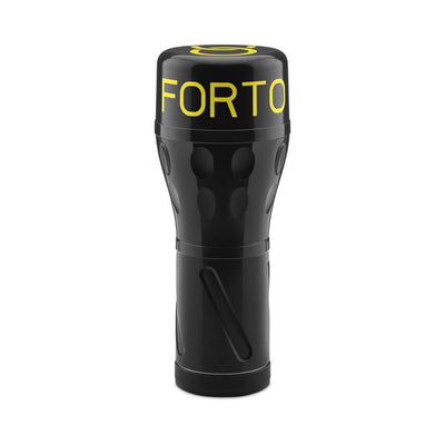 Black Model B-02 Stroker with ergonomic grip and yellow lettering on the cap, standing upright on a white background.
