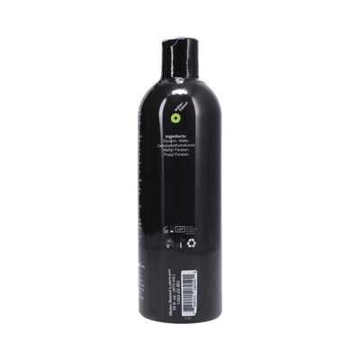 Back view of Mood Lube Water Based lubricant bottle showing ingredients and product details on black packaging.