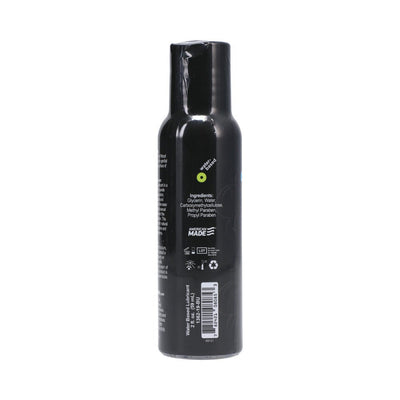 Back view of Mood Lube Water Based lubricant bottle showing ingredients and product details on black packaging.