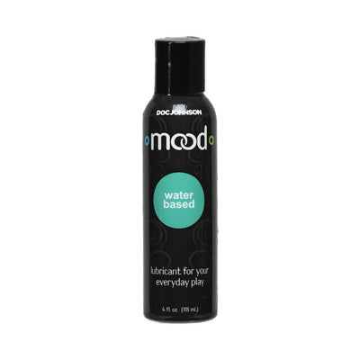 Bottle of Mood Lube Water Based lubricant by Doc Johnson, black packaging with teal label, 4 fl oz size.